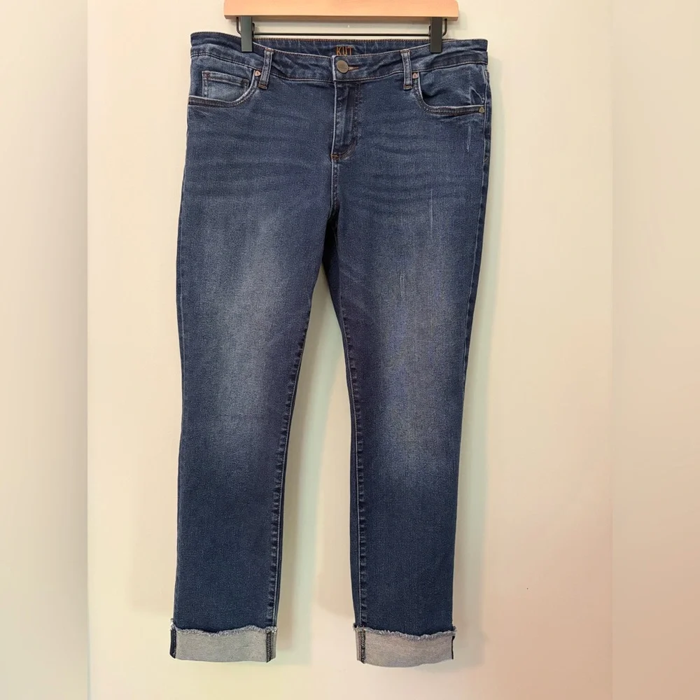 KUT from the Kloth Ankle Straight Leg Jeans Size 14 Dark Wash Cuffed Raw Hem